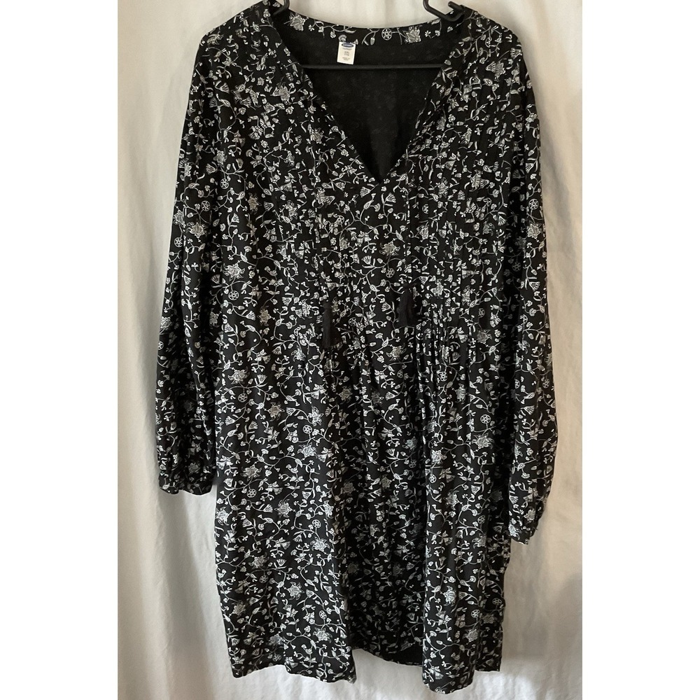 old navy dress Pleated Top XXL Black Floral  Knee Length Long Sleeve Cottagecore